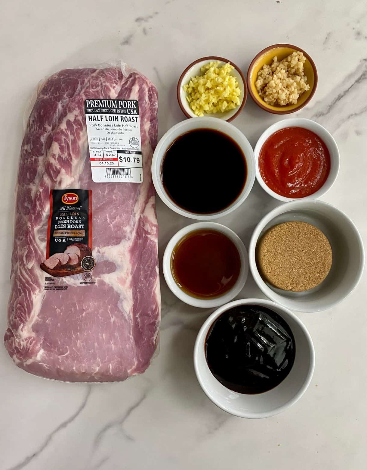 A pork loin, hoisin suace, brown sugar, sesame oil, soy sauce, sriracha sauce, minced ginger and minced garic.