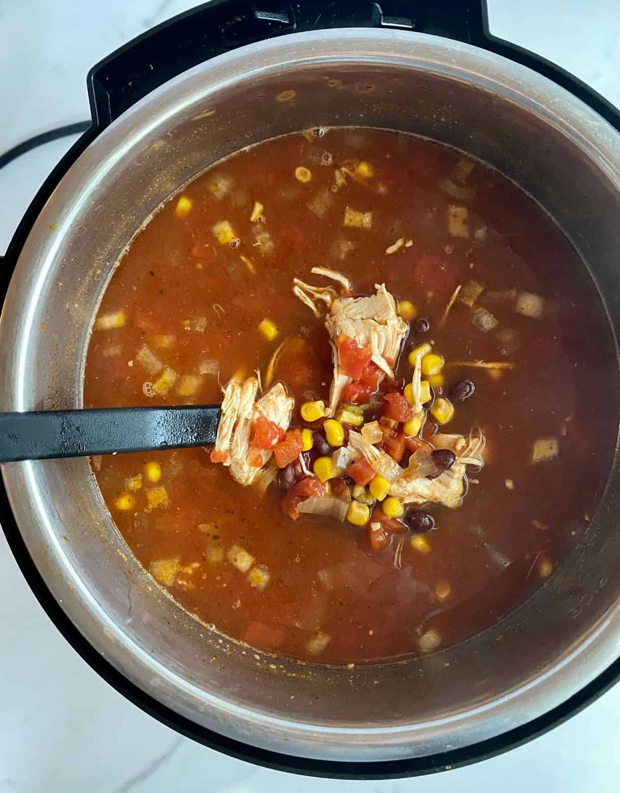 A crockpot with Healthy Chicken Tortilla Soup and a ladle.