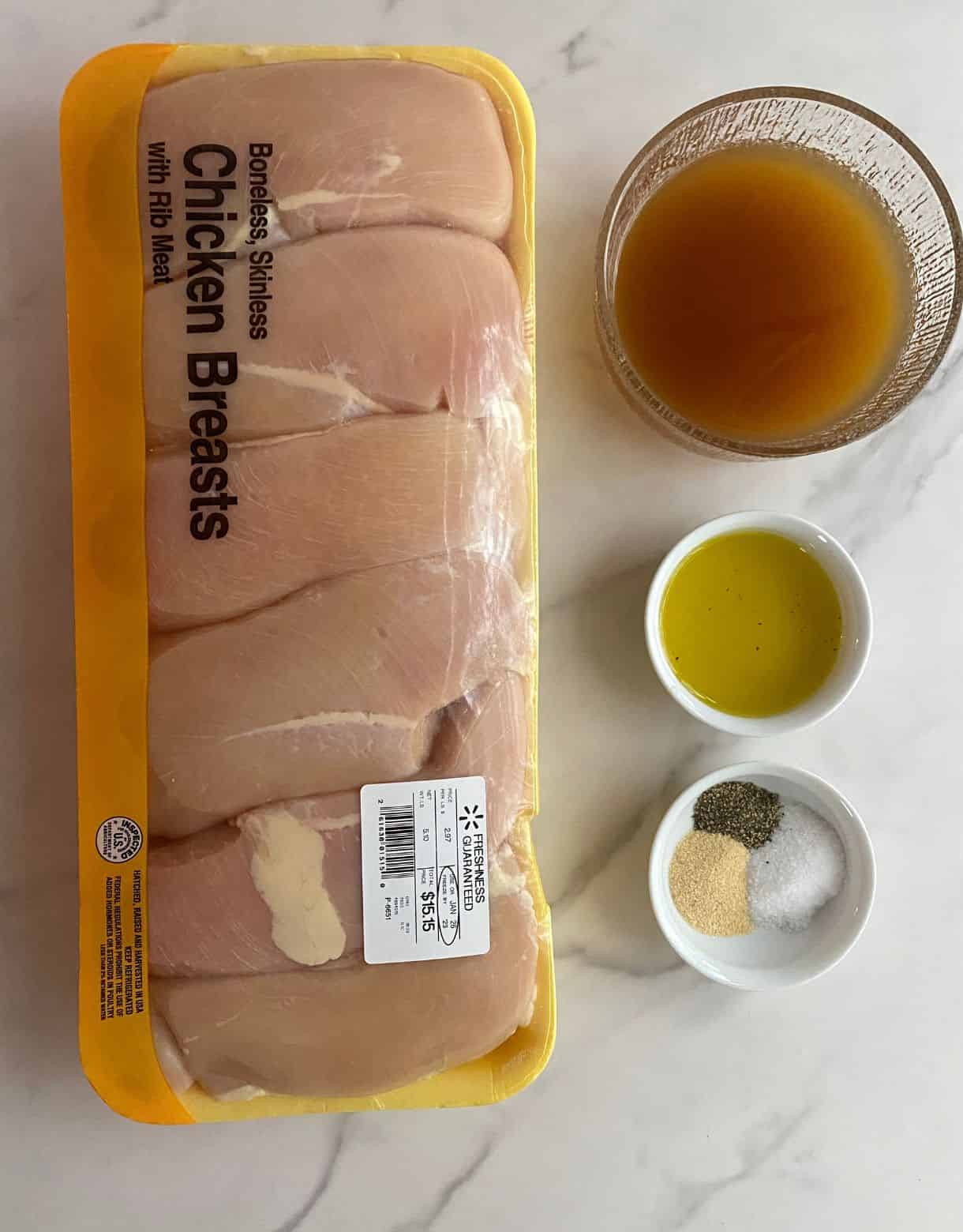 Ingredients for how to cook chicken breast to shred.