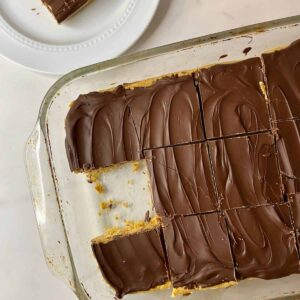 A pan of No-Bake Chocolate Peanut Butter Bars.