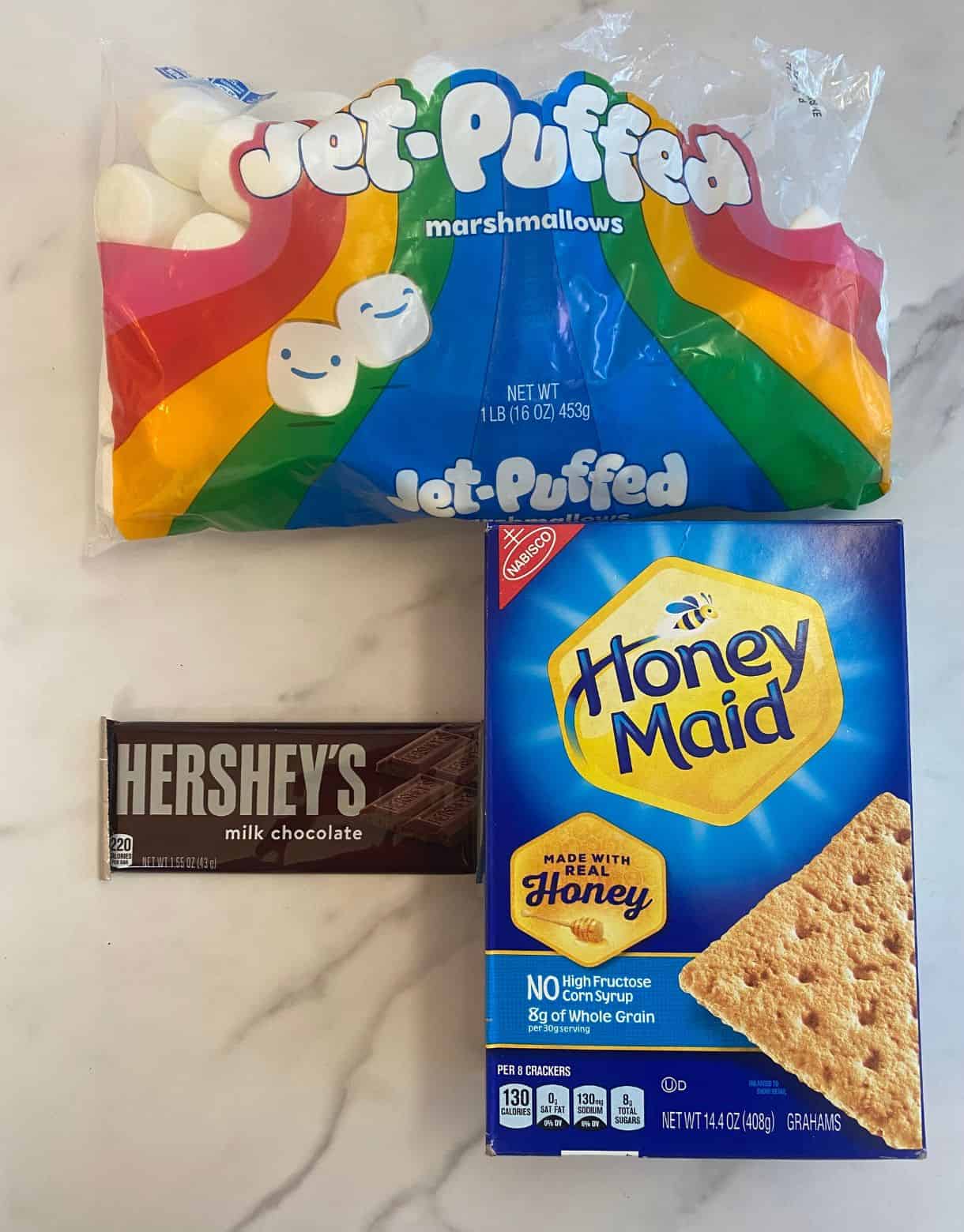 Graham crackers, a chocolate bar, marshmallows.