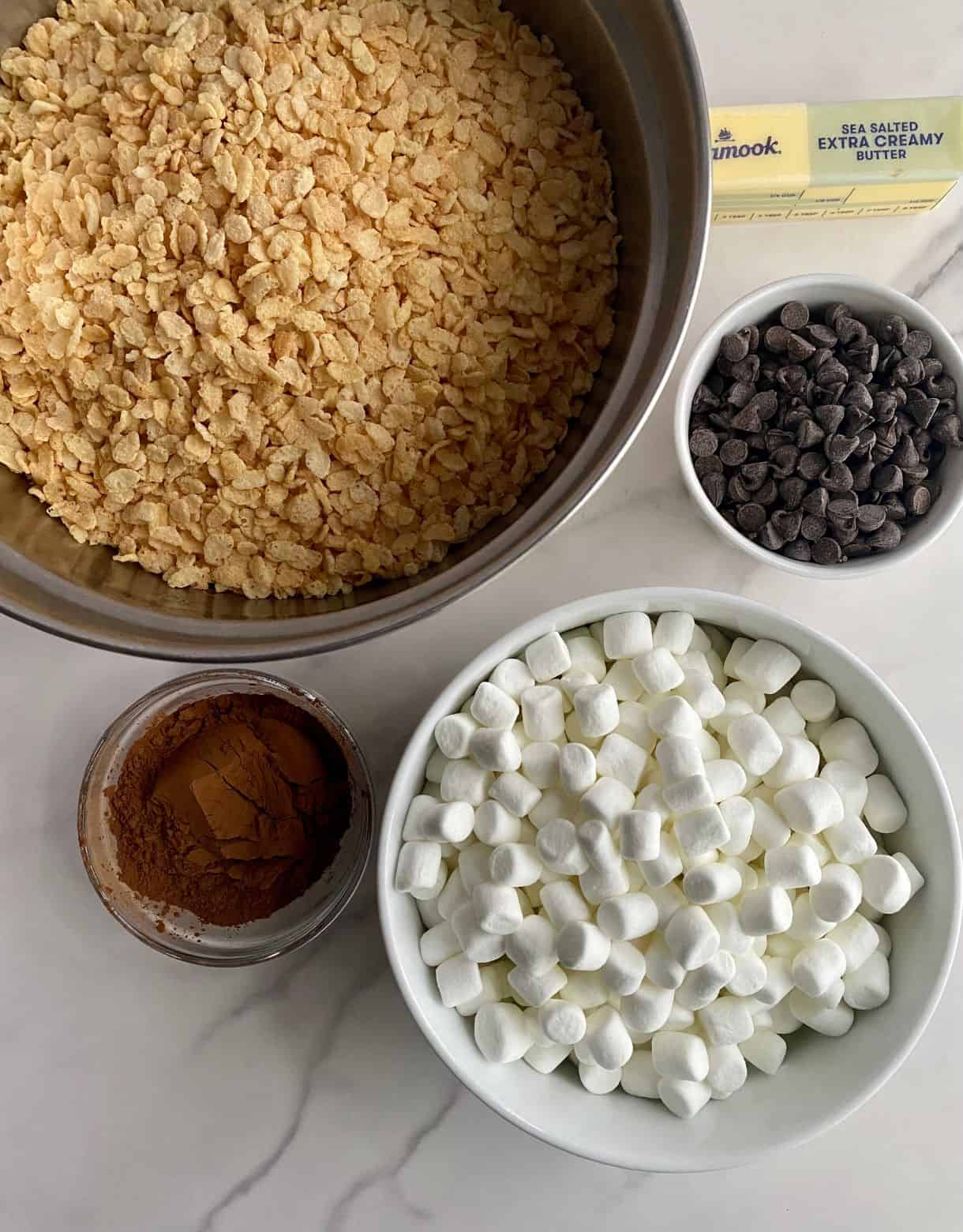 Rice Krispie cereal, mini marshmallow, chocolate chips, cocoa powder and butter.
