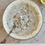 A bowl with Yogurt Dill Sauce and a spoon for serving as well as the Healthy Mom Healthy Family logo.