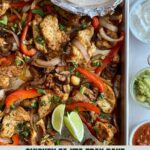 A sheet pan with cooked Chicken Fajita Tray Bake and the Healthy Mom Healthy Family Logo.