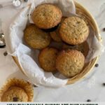 A basket of Healthy Banana Chocolate Chip Muffins and the Healthy Mom Healthy Family logo.