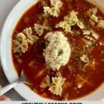 A bowl of Healthy Lasagna Soup with a dollop of cheese and the Healthy Mom Healthy Family logo.