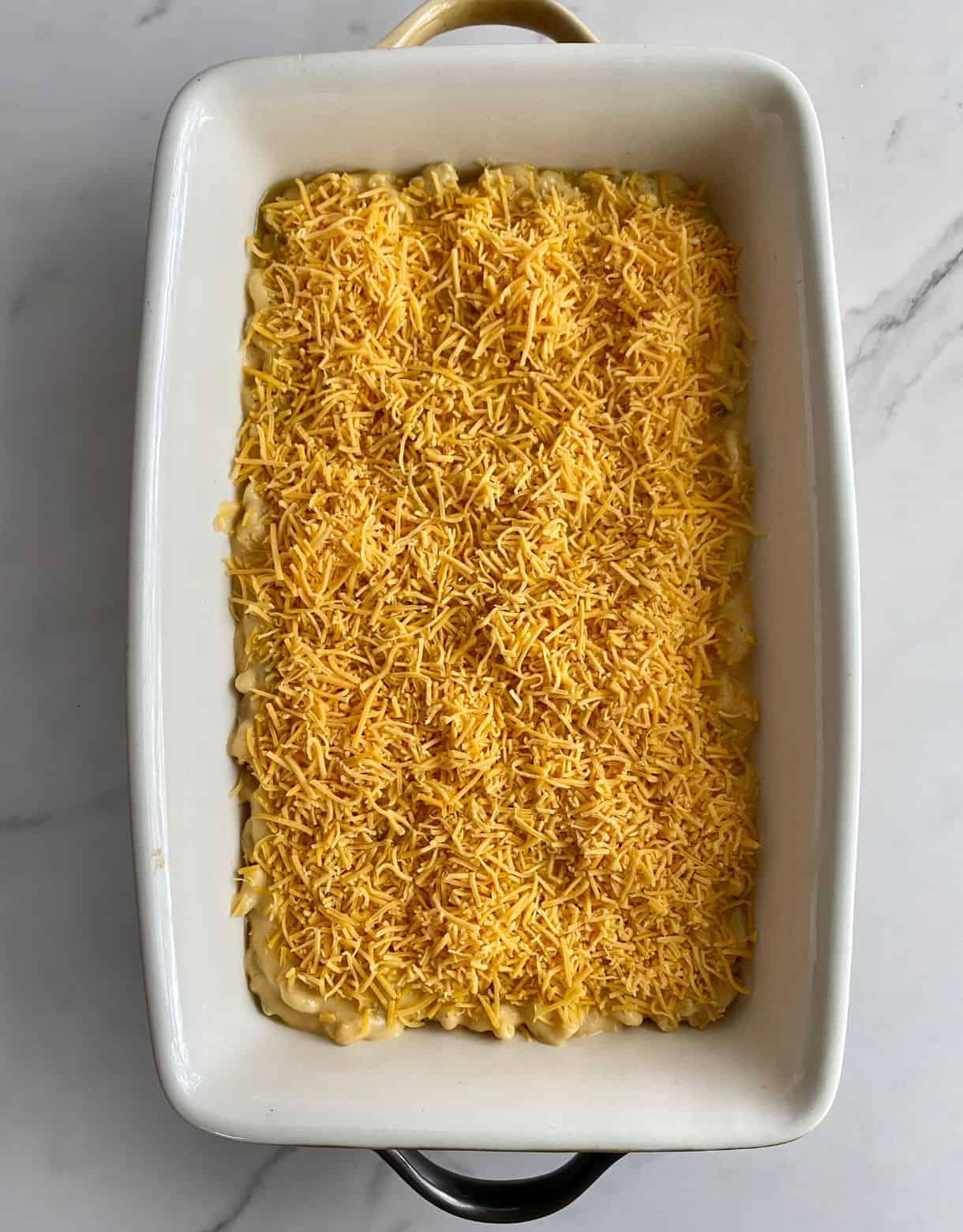 A pan of Jalapeno Mac and Cheese ready to go in the oven to be baked.