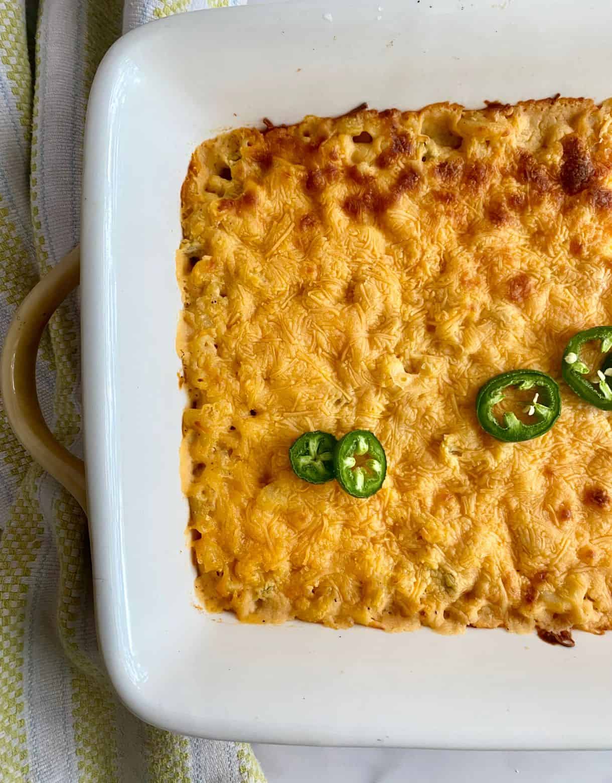 A pan of cooked Jalapeno Mac and Cheese.