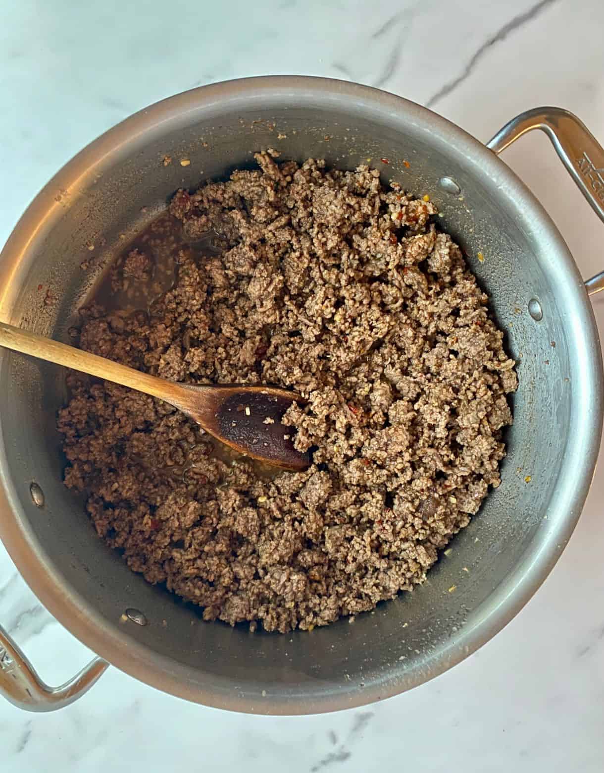 A skillet of cooked Bulgogi Beef.