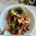 A bowl of Sheet Pan Beef and Broccoli over cauliflower rice and drizzled with sriracha sauce and the Healthy Mom Healthy Family logo.