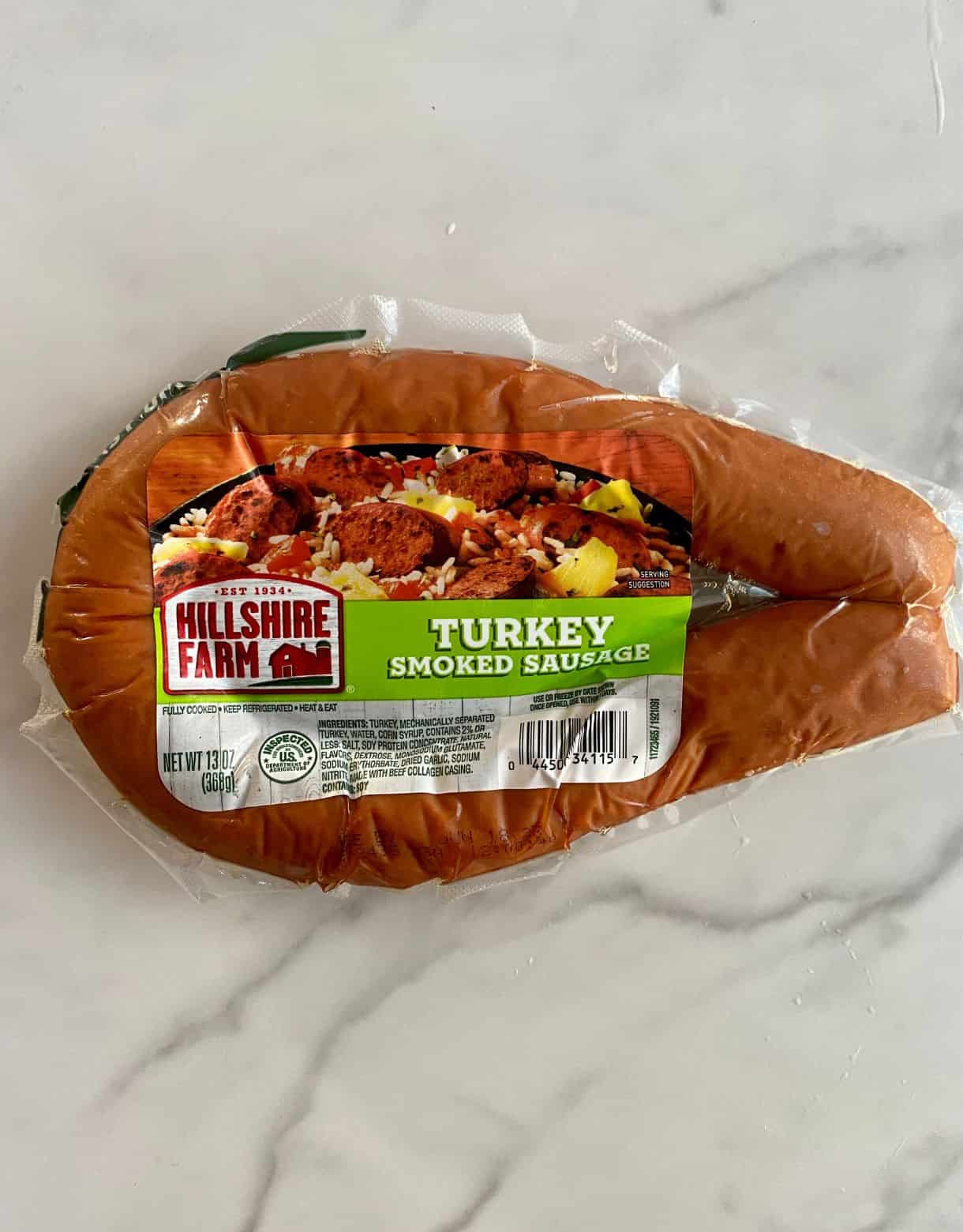 A package of smoked turkey sausage.