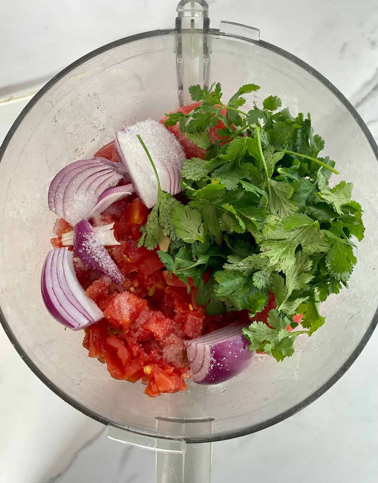 A food processor with tomatoes, onion, salt, lime juice and cilantro added but not yet processed.