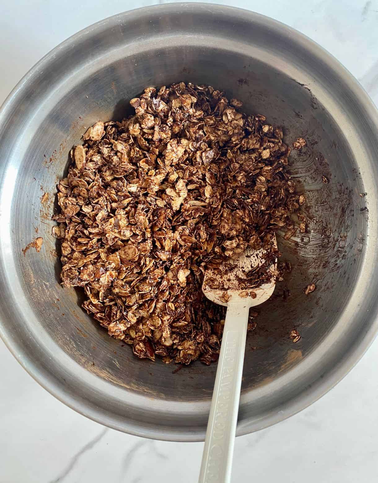 A bowl of mixed Dark Chocolate Granola.