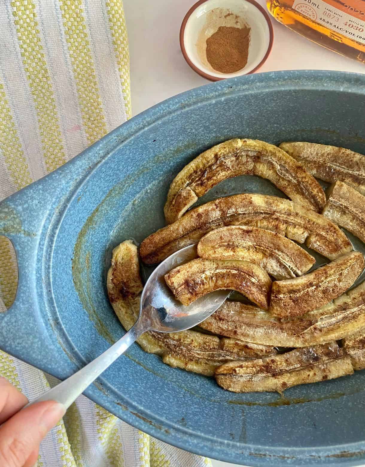 A dish of baked Healthy Bananas Foster.