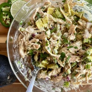 A bowl of Guacamole Chicken Salad.
