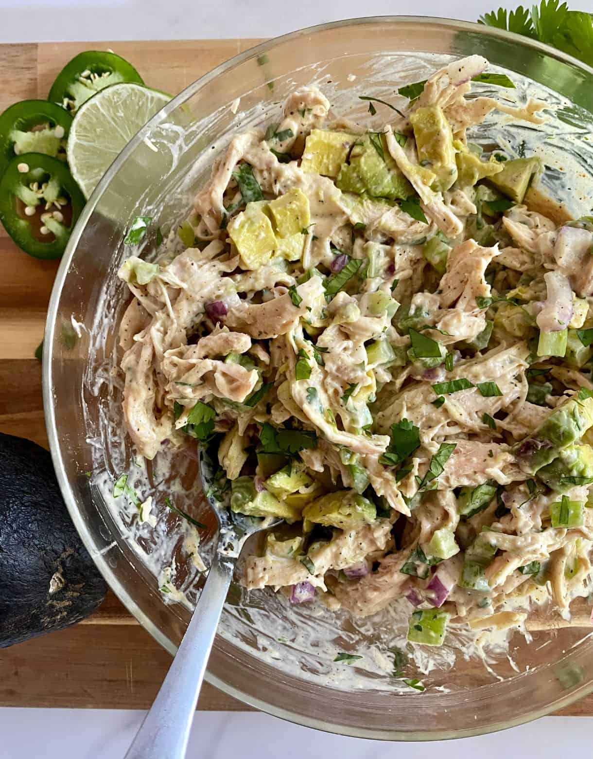 A bowl of Guacamole Chicken Salad.