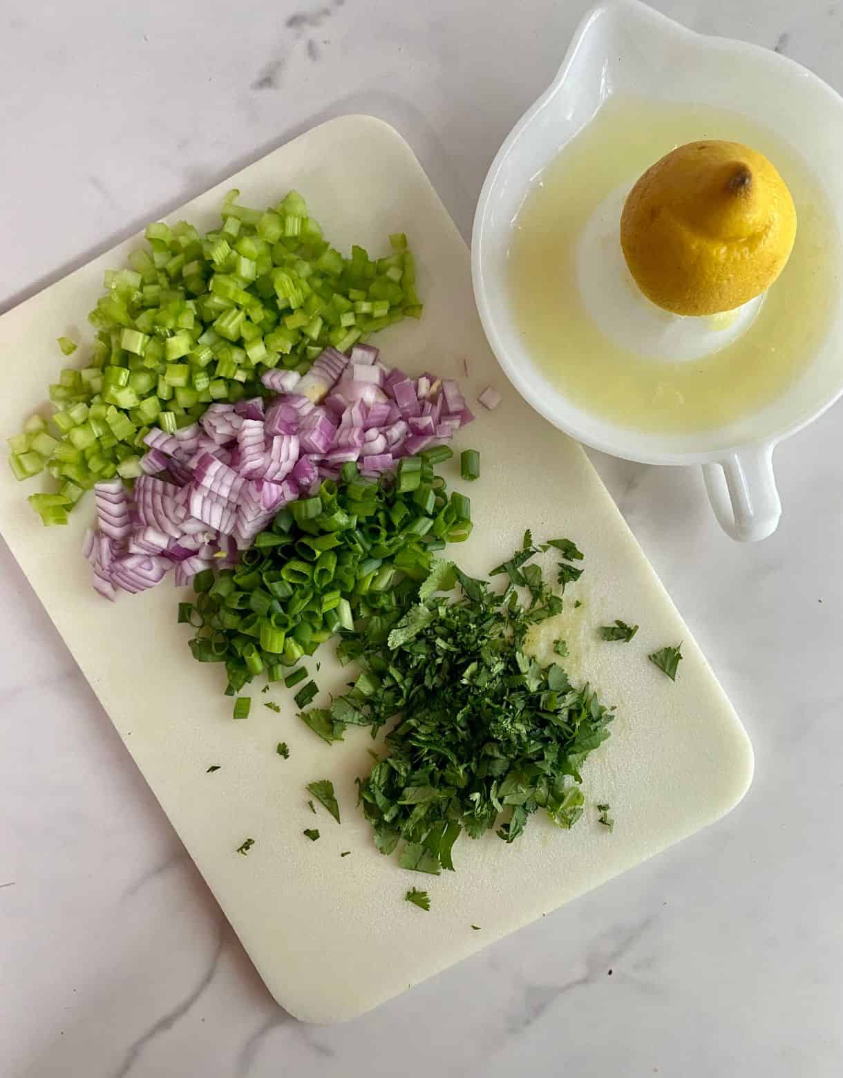 A juicer with a squeezed lemon and a cutting board with chopped celery, red onion, green onions and cilantro.