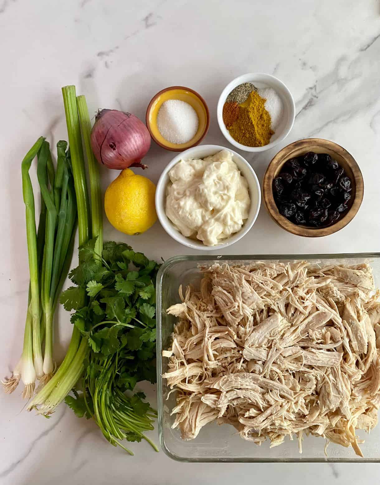 Cooked shredded chicken, cilantro, celery, green onions, lemon, red onion, dried cranberries, mayo, salt, pepper, sugar, curry powder and cayenne pepper.