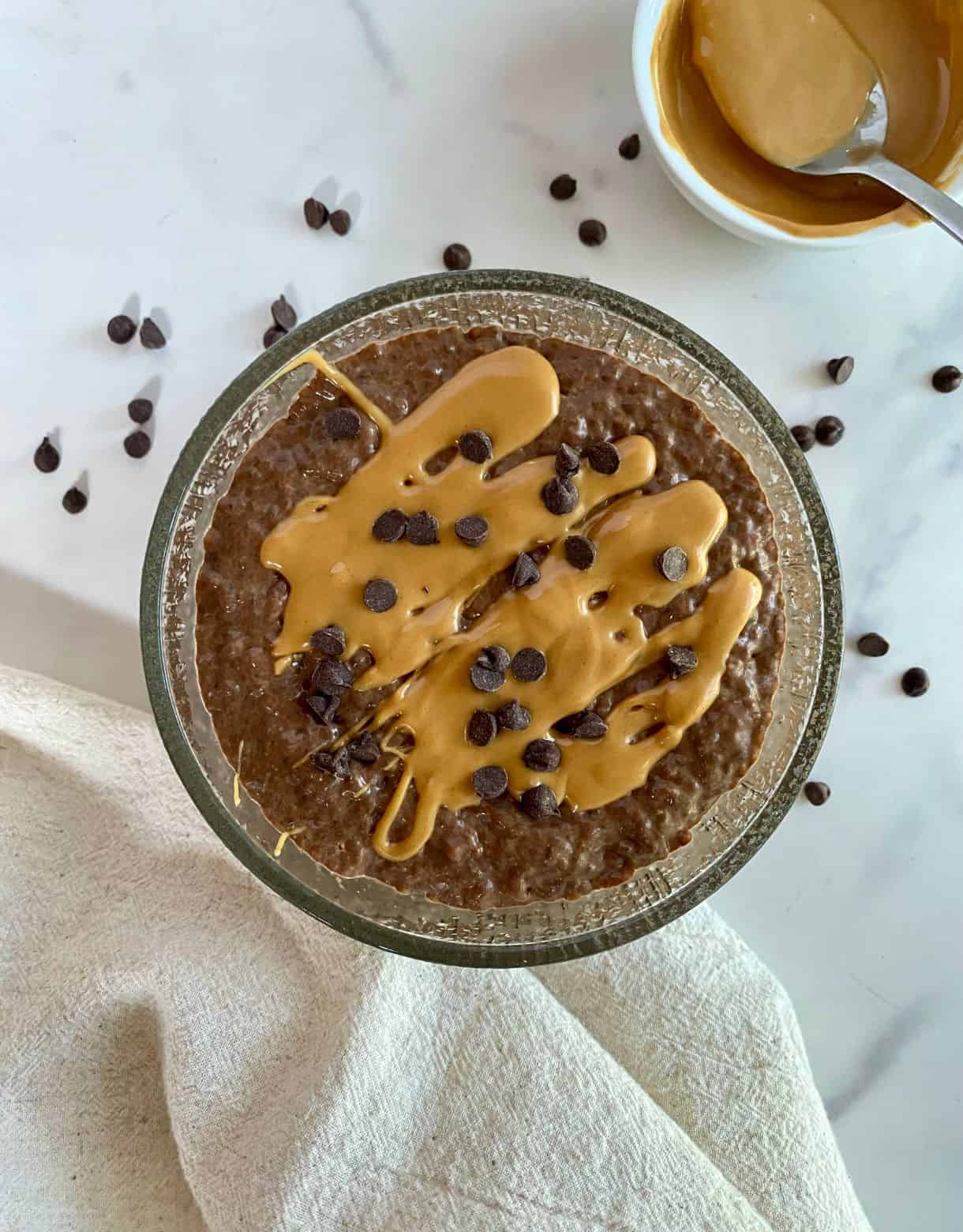 A bowl of Chocolate Peanut Butter Chia Pudding.