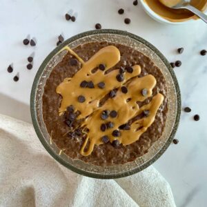 A bowl of Chocolate Peanut Butter Chia Pudding.