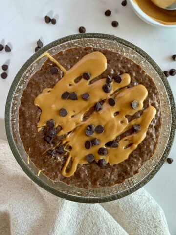 A bowl of Chocolate Peanut Butter Chia Pudding.