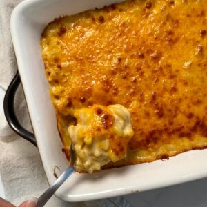 A pan of baked gluten-free mac and cheese.