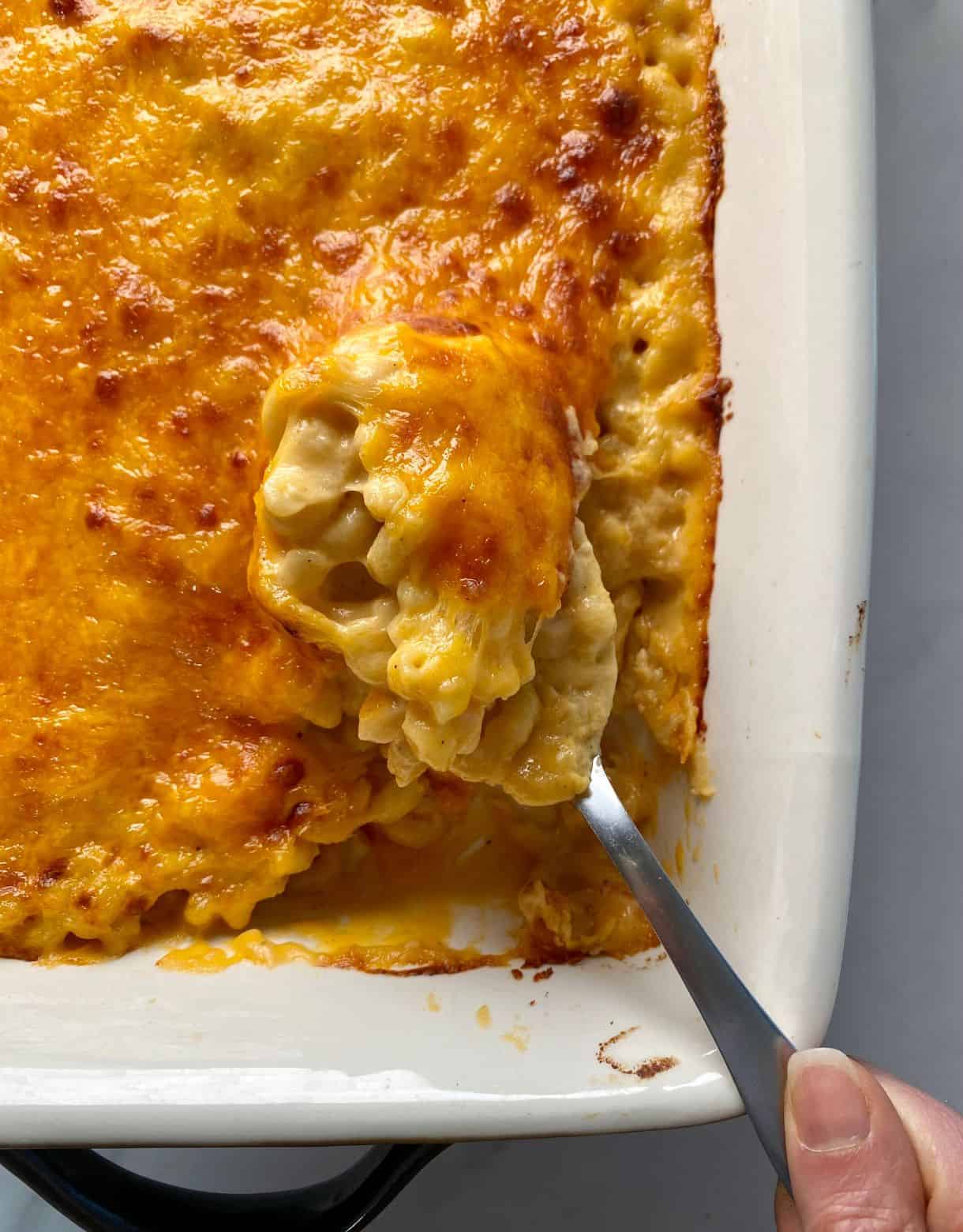 A pan of baked gluten-free mac and cheese.