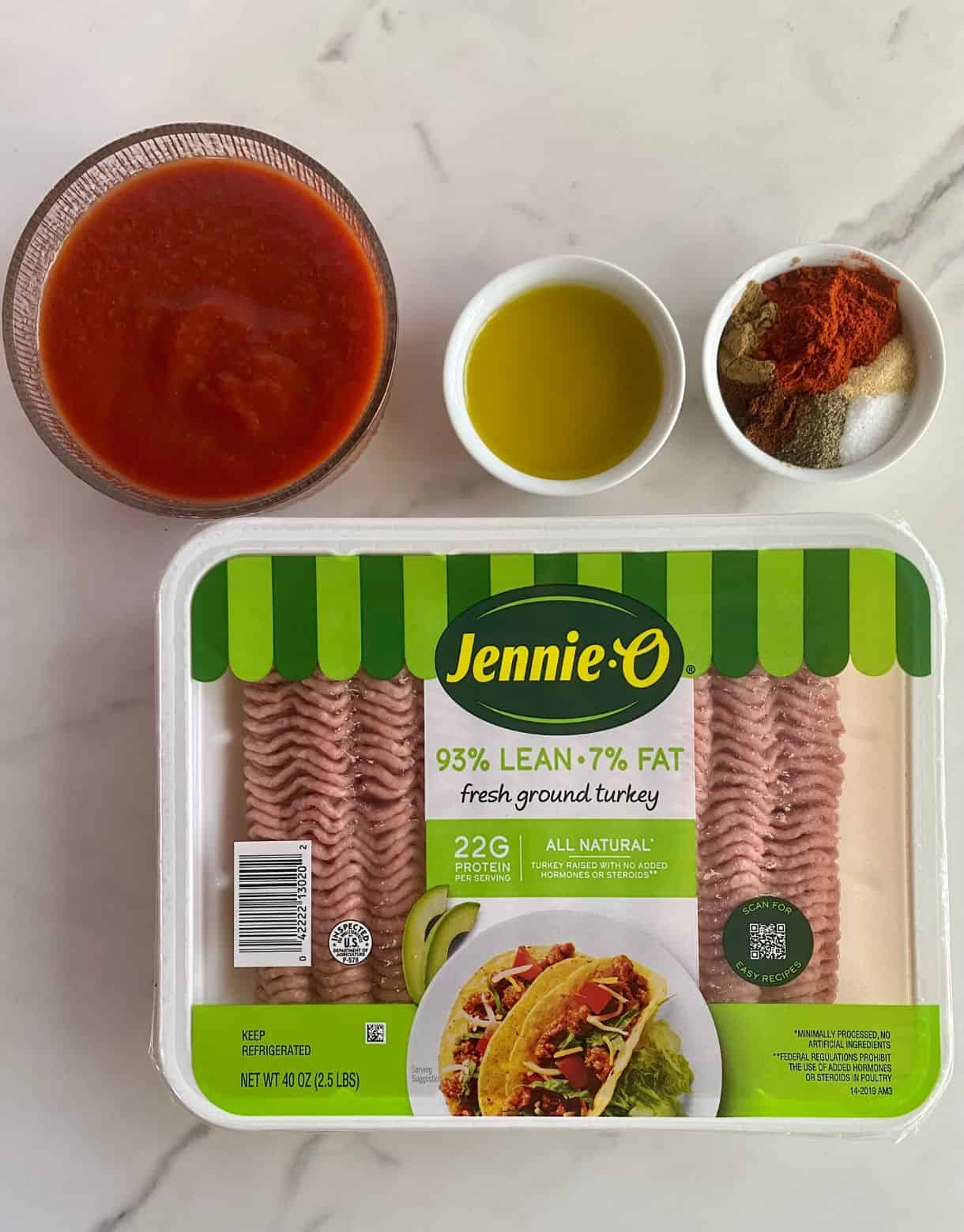 Ground turkey, tomato sauce, olive oil and spices.