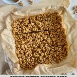 A pan of sliced Peanut Butter Cheerio Bars.