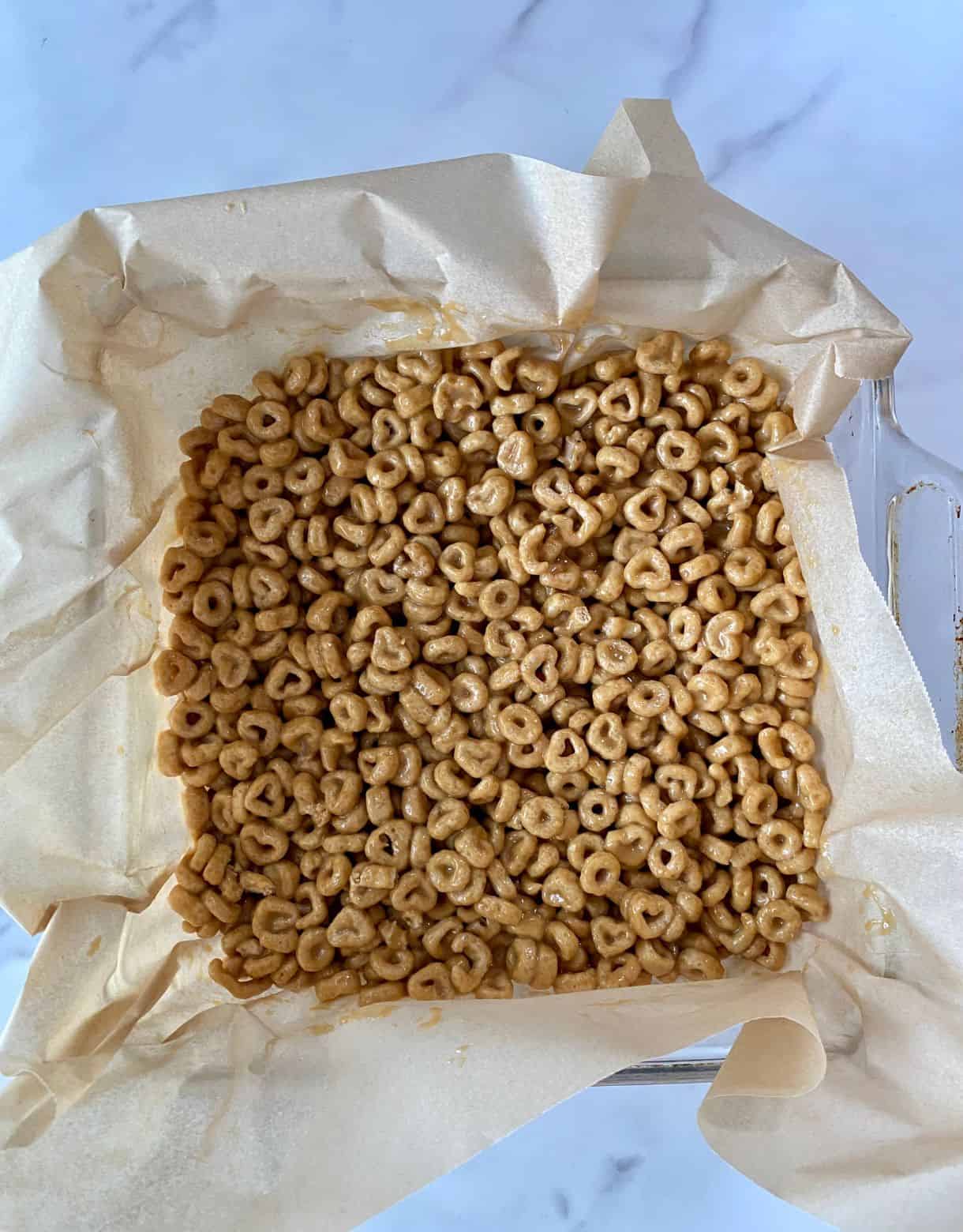 A pan of Peanut Butter Cheerios Bars.