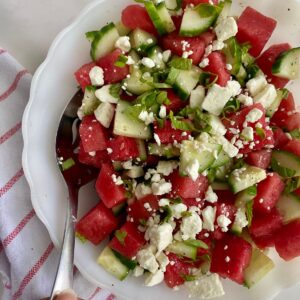 A bowl of Watermelon Basil Salad.
