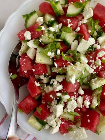 A bowl of Watermelon Basil Salad.