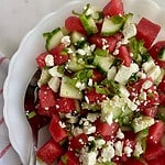 A bowl of Watermelon Basil Salad.