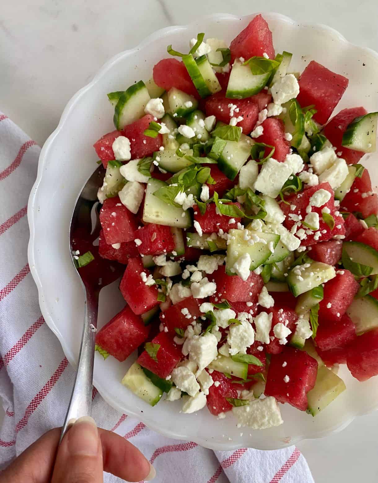 A bowl of Watermelon Basil Salad.