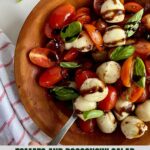 A bowl of Tomato and Bocconcini Salad with balsamic glaze drizzled on top.