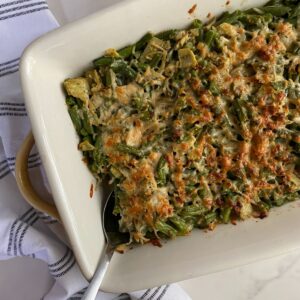 A cooked Green Bean Artichoke Casserole.
