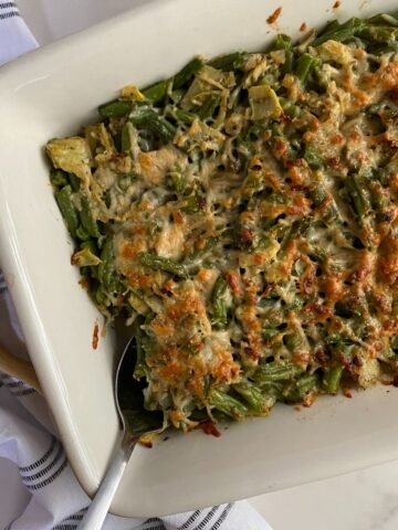 A cooked Green Bean Artichoke Casserole.