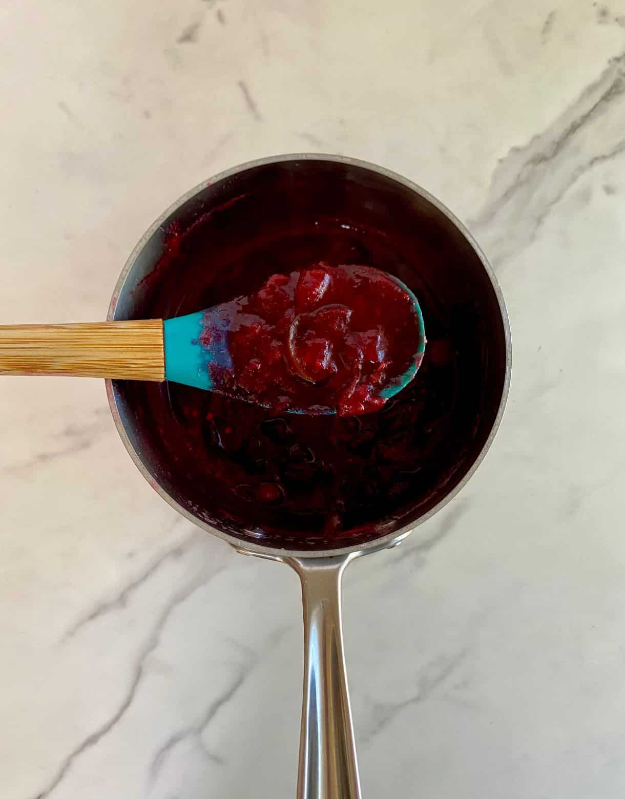 A pot of finished Jalapeno Cranberry Sauce.