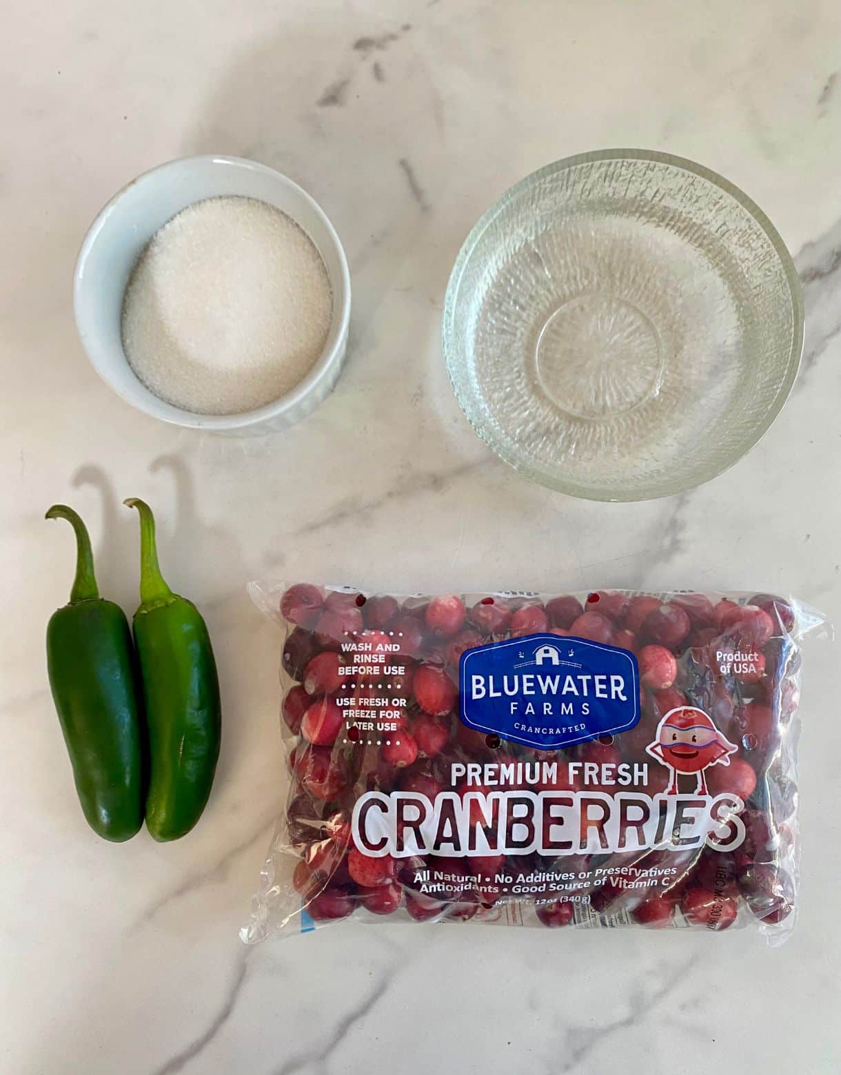 Fresh cranberries, fresh jalapenos, sugar and water.