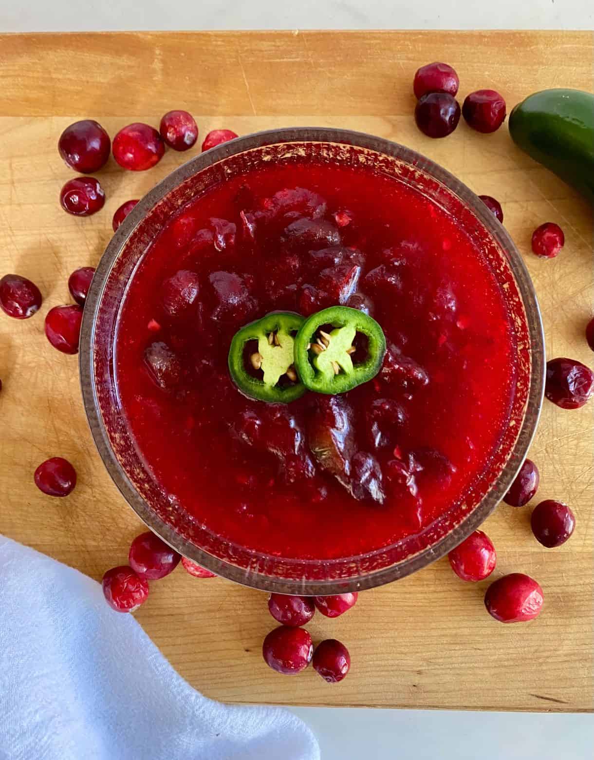 A bowl of Jalapeno Cranberry Sauce.