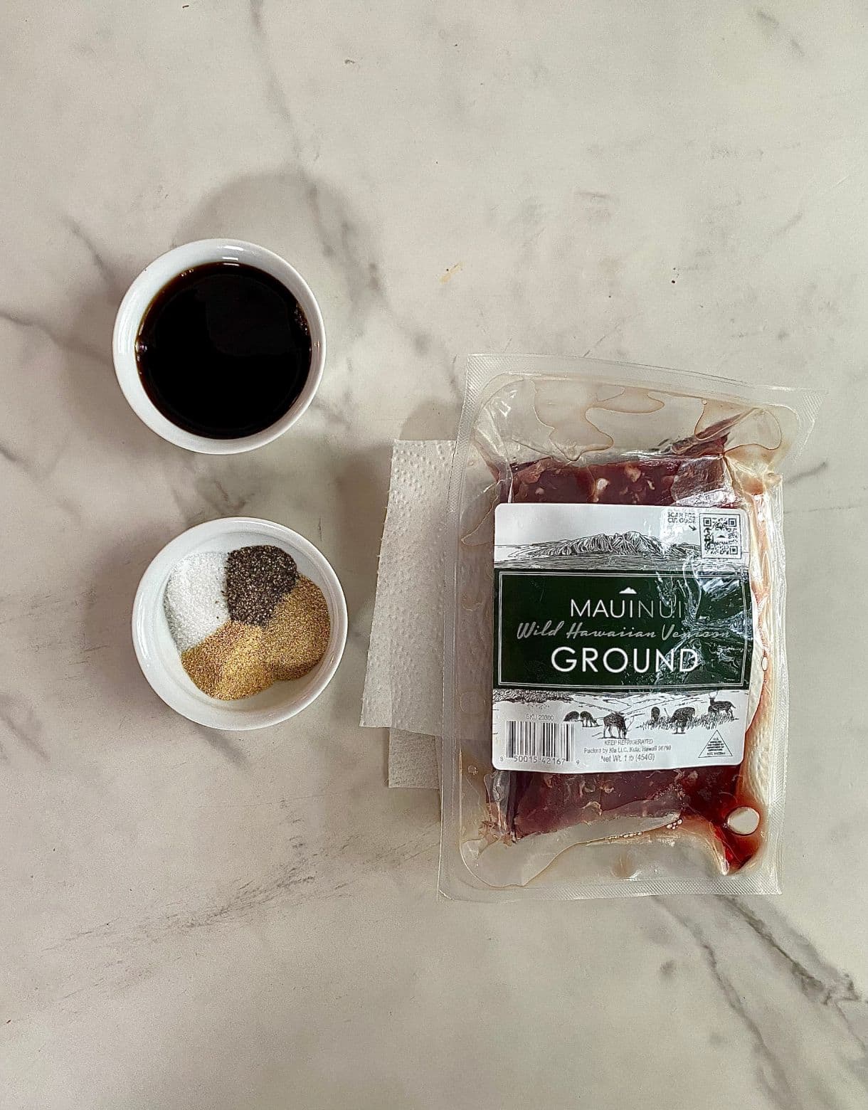 Ground venison meat, Worcestershire sauce, and spices.