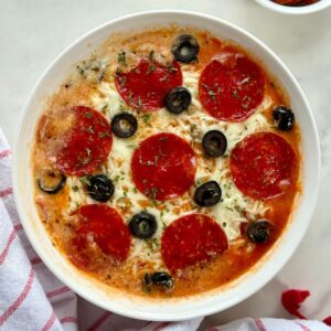 A cooked Cottage Cheese Pizza Bowl.