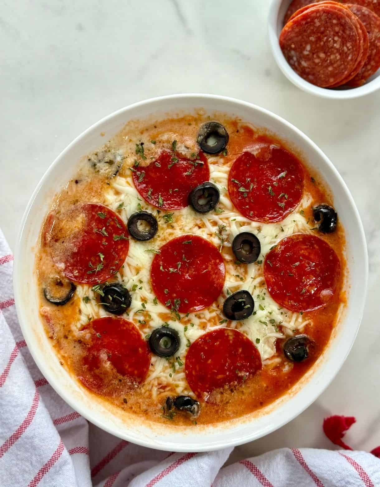 A cooked Cottage Cheese Pizza Bowl.