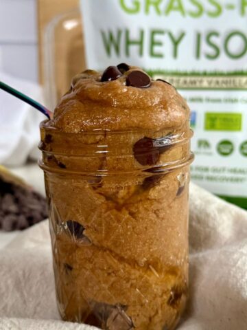 A jar filled with Edible Protein Cookie Dough.